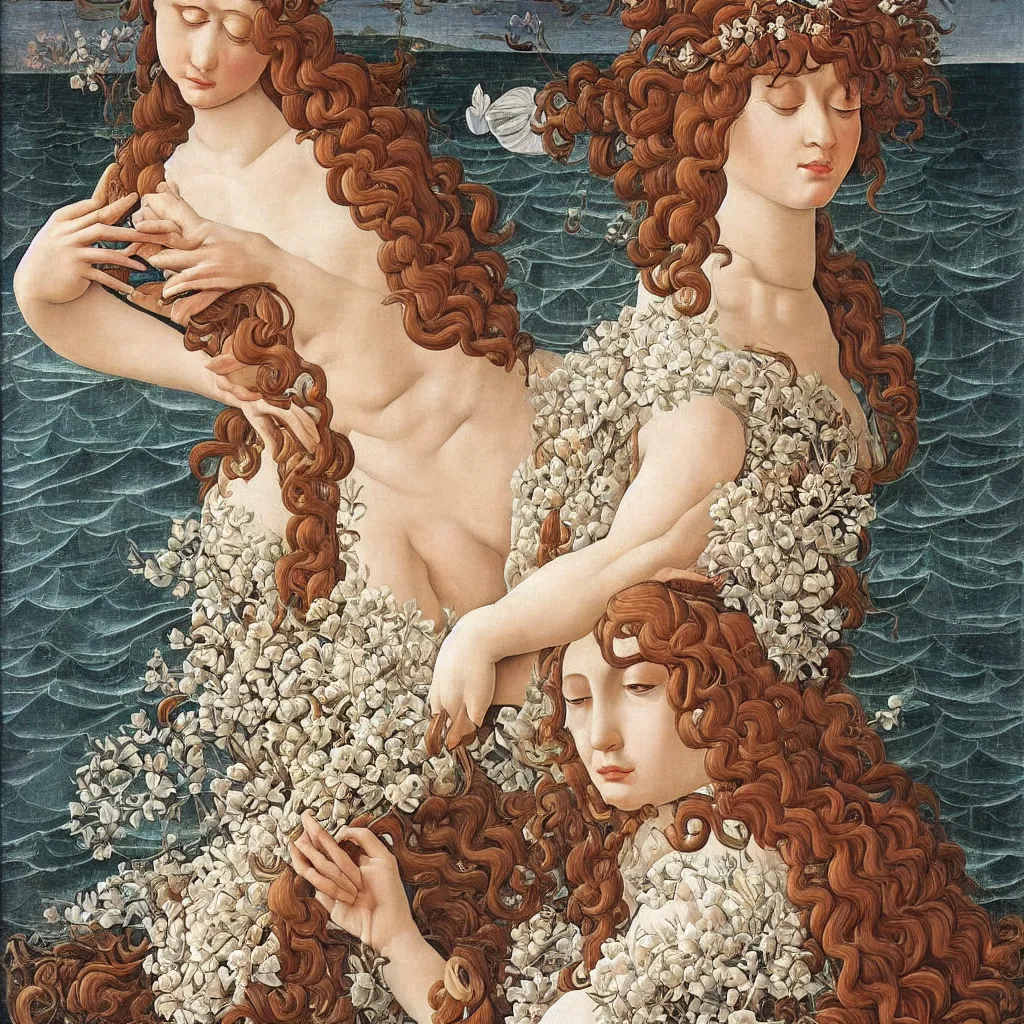 Prompt: an hyperrealistic mythological oil painting of a beautiful woman with long curly brown hair, full body, wearing floral chiton, sleeping in a giant scallop shell near the seashore, intricate, elegant, renaissance style, by sandro botticelli