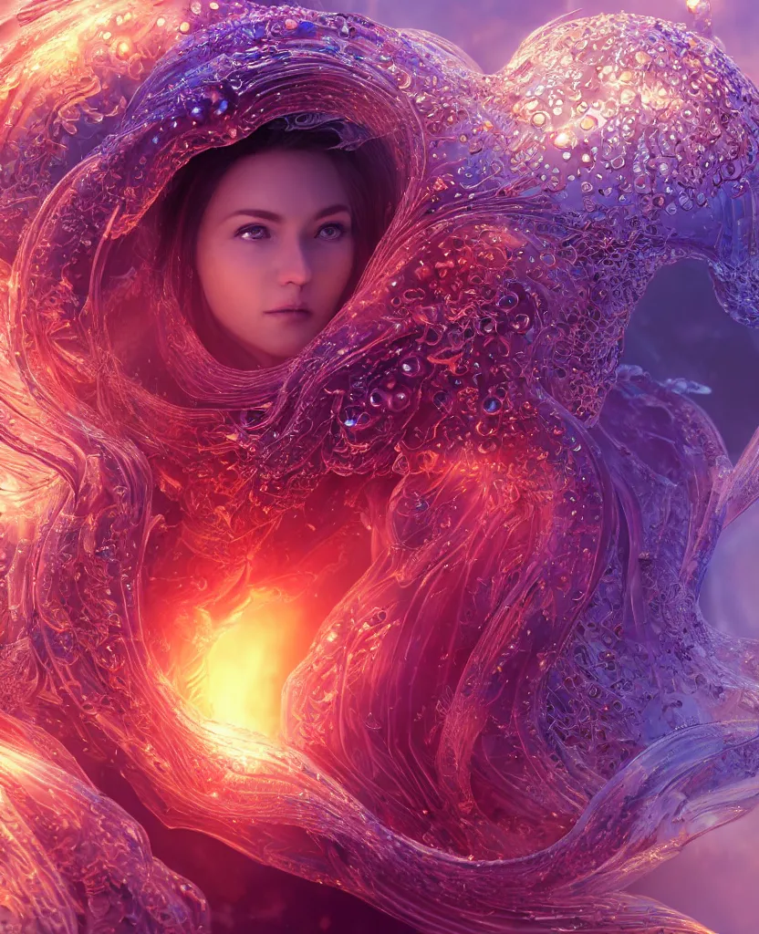 Image similar to close-up macro portrait of the face of a beautiful princess, epic angle and pose, symmetrical artwork, 3d with depth of field, blurred background, cybernetic jellyfish female face skull phoenix bird, translucent, nautilus, energy flows of water and fire. a highly detailed epic cinematic concept art CG render. made in Maya, Blender and Photoshop, octane render, excellent composition, cinematic dystopian brutalist atmosphere, dynamic dramatic cinematic lighting, aesthetic, very inspirational, arthouse. y Greg Rutkowski, Ilya Kuvshinov, WLOP, Stanley Artgerm Lau, Ruan Jia and Fenghua Zhong