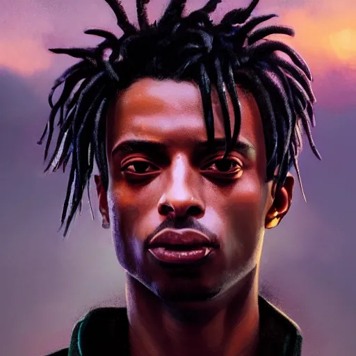 Image similar to cyberpunk, closeup portrait of a playboi carti, dramatic light, city background, sunset, dystopian setting, high contrast, sharp, neuromancer, henry dorsett case, painted by stanley lau, painted by greg rutkowski, painted by stanley artgerm, digital art, trending on artstation