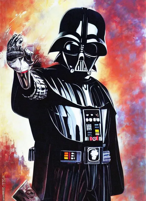 Prompt: dictator pinochet as darth vader painting by john berkey and yoji shinkawa