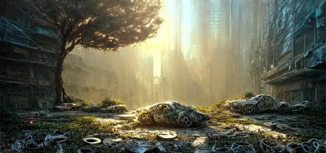 Prompt: tree growing in ancient cyberpunk ruins, gray wasteland, many scrap hovercars, plastic waste, rubble, pillars, flowers, vines, hyperrealistic, highly detailed, cinematic, single ray of golden sunlight, beautiful, cgssociety, artstation, 8 k, oil painting by greg rutkowski, by artgerm, by wlop