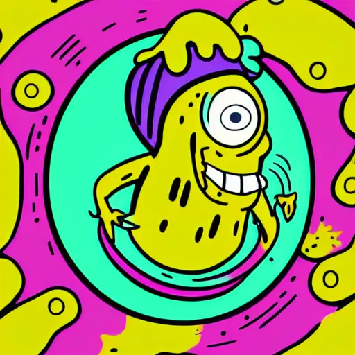 Prompt: pop - wonder - nft alien - meat half - tone - art of a sponge - bob - impersonator wading through the goopy - muck and slithering about the castle side delights on a melted cheesy day in a hand - drawn vector, svg, cult - classic - comic - style