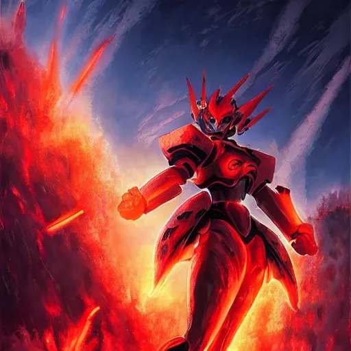 Prompt: A tall women with red skin with a magma texture. And a skull drooling with fire. In anime style, dark color. explosions, ultra wide angle, panoramic, fish eye, colorfull painting, centered, front, horizont, outline, stars, gundam, mech, detailed, art by Stephan Martiniere, 4k resolution