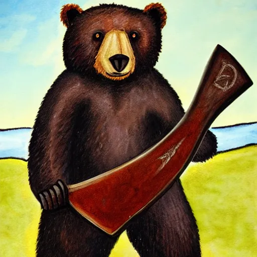 Image similar to a bear holding a viking axe,by cameroon hammond