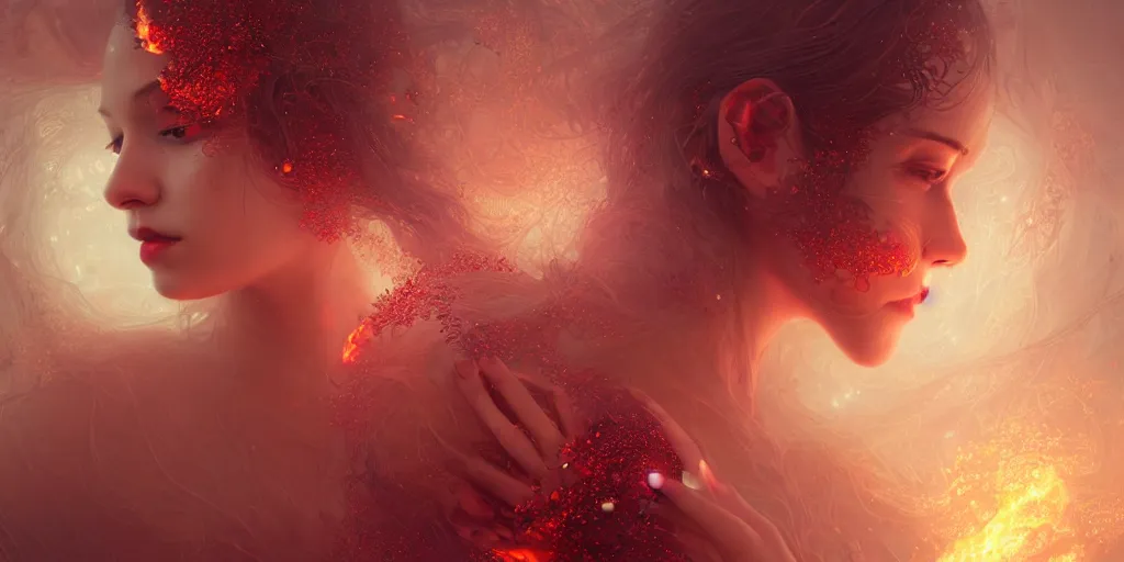 Image similar to ocean intricate fire pearls and ornate ruby, magical atmosphere, concept art, art nouveau, Reylia Slaby, Peter Gric, trending on artstation, volumetric lighting, CGsociety