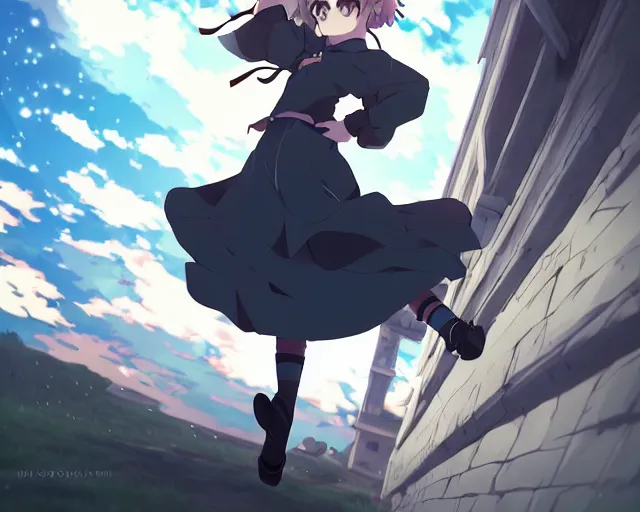 Image similar to key anime visual portrait of a young female in a village, dynamic pose, dynamic perspective, cinematic, dramatic lighting, muted colors, detailed silhouette, textured, finely detailed eyes, anime proportions, little witch academia