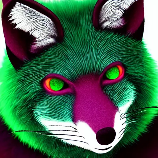 Image similar to close up of photorealistic green fox with green fur and glowing magenta eyes, wearing a black hoodie