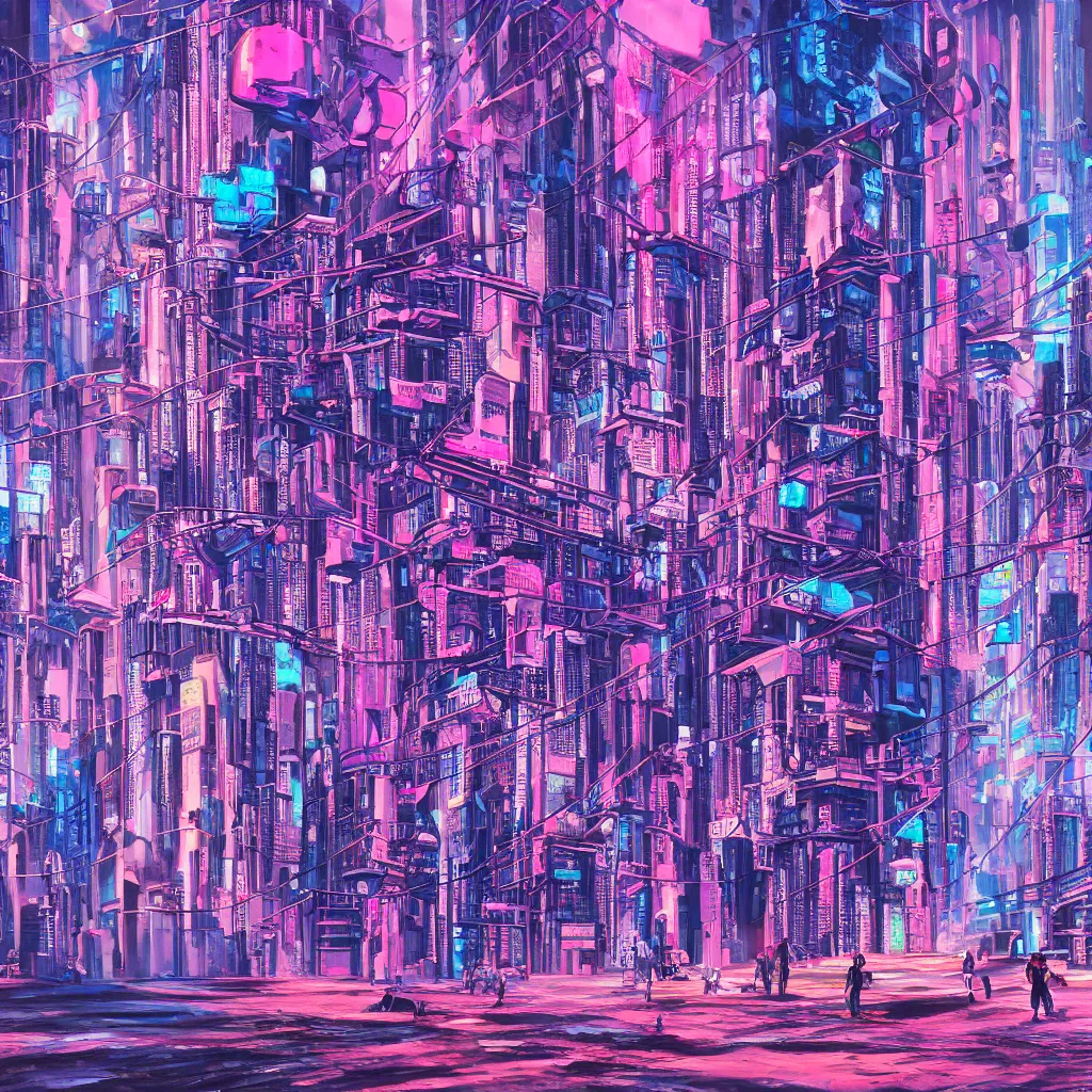Prompt: oil painting of a cyberpunk metropolis, fuchsia and blue, crowded people occupying buildings and outdoors, textured