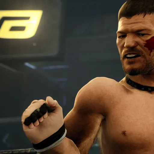 Image similar to character screenshot of ufc commentator michael bisping with a pirate eyepatch, npc talking, skyrim, wilderness, 1 0 8 0 p, bokeh, elder scrolls v, detailed, dialog text