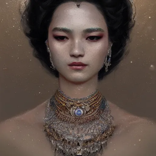 Image similar to a beautiful portrait of a pearl goddess with glittering skin, a detailed painting by greg rutkowski and raymond swanland, featured on cgsociety, fantasy art, detailed painting, artstation hd, photorealistic