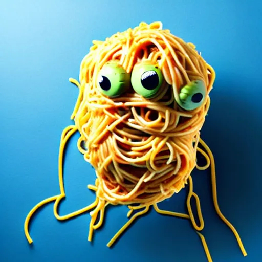 Prompt: the flying monster with a body made of spaghetti noodles and two big meatballs, with eyes at the end of the noodles that grow upward