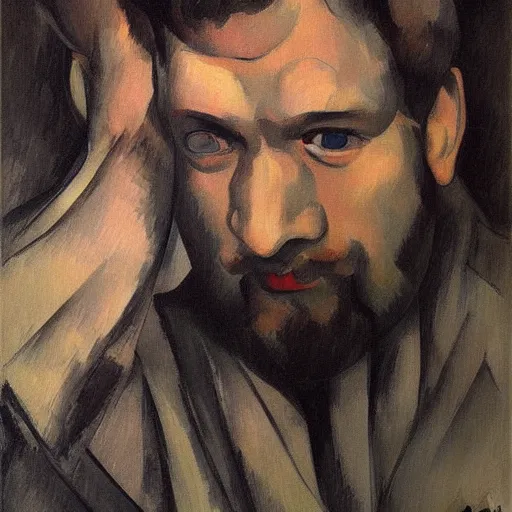 Image similar to A sad, melancholic, expressionless face that is trying to hold in anger, male face, tears, dark aesthetic, can\'t escape the sad expression, digital, realistic eyes, trending on artstation, art by Paul Cezanne