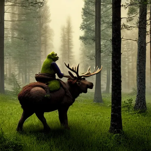 Prompt: shrek riding a moose in a dark forest, smoky, foggy, 8k, octane render,