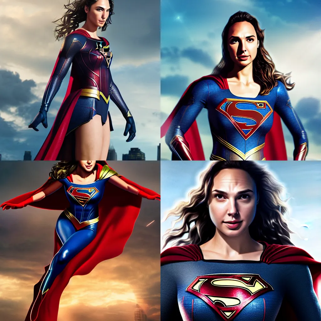 Prompt: a potrait of Gal Gadot as Supergirl, 8k photorealistic, wide angle, cinematic lighting, HD, high details, dramatic, trending on artstation, view from above