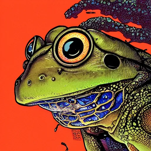 Prompt: portrait closeup of crazy pepetgte frog, symmetrical, cinematic colors, by yoichi hatakenaka, masamune shirow, josan gonzales and dan mumford, ayami kojima, takato yamamoto, barclay shaw, karol bak, yukito kishiro