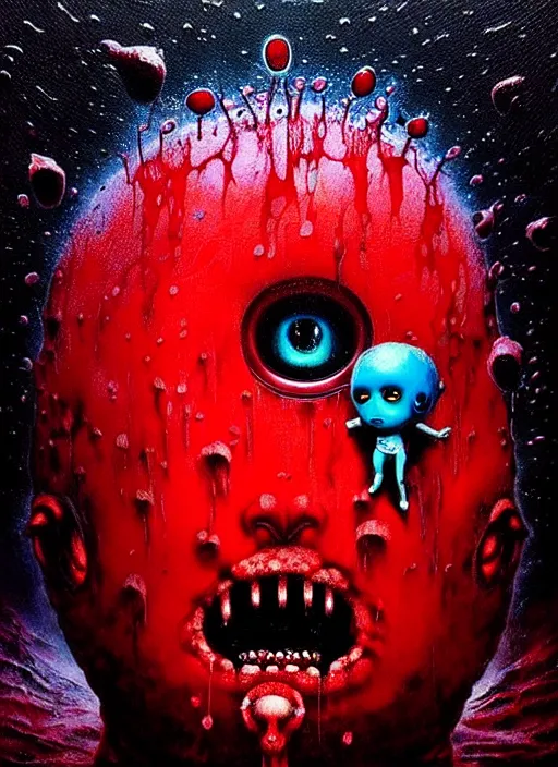 Image similar to a dramatic emotional hyperrealistic pop surrealist oil panting of a sad sobbing grotesque kawaii vocaloid figurine caricature sobbing red in the face uglycrying with tears and snot featured in dead space hill 2 by beksinski made of dripping paint splatters in the style of madballs, 😭 🤮 💕 🎀