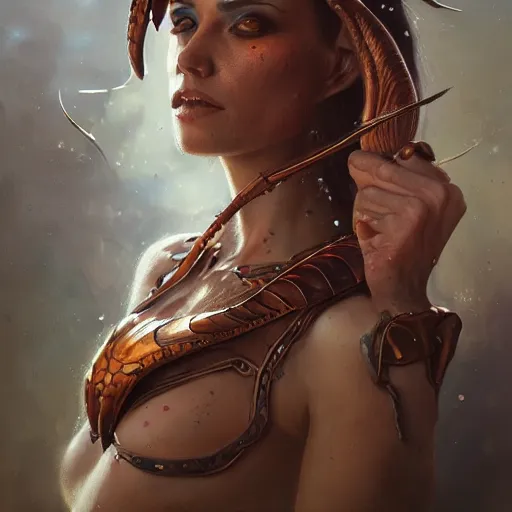 Prompt: A detailed oil portrait of an elf woman with small copper devil horns and copper scales covering her arm and neck, by greg rutkowski, trending on artstation, dungeon and dragons art