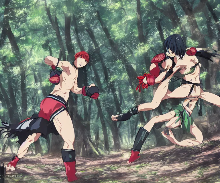 Image similar to mma fight in a forest, anime fantasy illustration by tomoyuki yamasaki, kyoto studio, madhouse, ufotable, comixwave films, trending on artstation