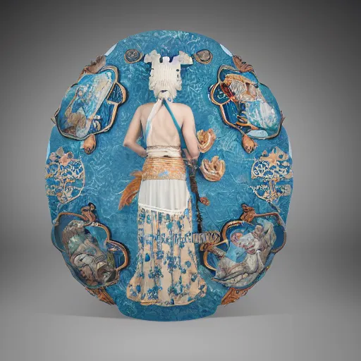 Image similar to Ancient warrior holding Clear white textured shield with artistically executed decorations of peonies, foliated scrolls, dragons and medallions in white reserve on an opaque mazarine blue ground. Capped with metal