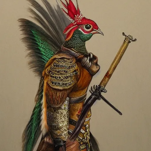 Image similar to Pheasant with sword on the belt, by lily seika jones , rivuletpaper art, very detailed, oil painting, harsh fairy tale, soft style, hyperrealism, beautiful, high resolution, trending on artstation, steps 50