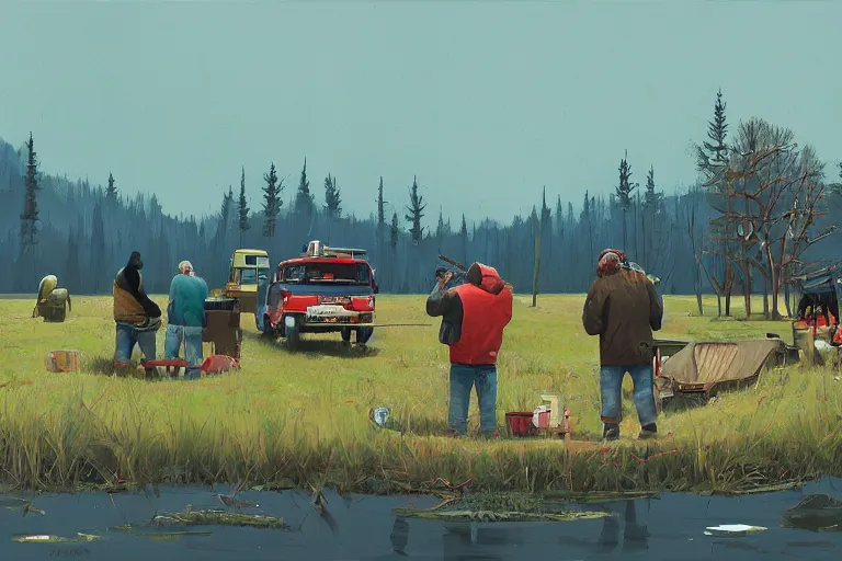 Image similar to mid - thirties guys binge drinking and fishing, in the style of simon stalenhag