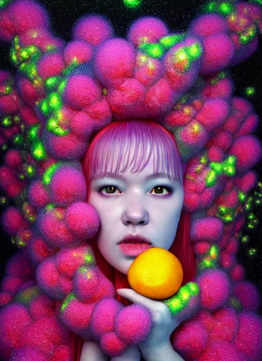 Image similar to hyper detailed 3d render like a Oil painting - kawaii portrait Aurora (Singer) seen Eating of the Strangling network of yellowcake aerochrome and milky Fruit and Her delicate Hands hold of gossamer polyp blossoms bring iridescent fungal flowers whose spores black the foolish stars by Jacek Yerka, Mariusz Lewandowski, Houdini algorithmic generative render, Abstract brush strokes, Masterpiece, Edward Hopper and James Gilleard, Zdzislaw Beksinski, Mark Ryden, Wolfgang Lettl, hints of Yayoi Kasuma, octane render, 8k