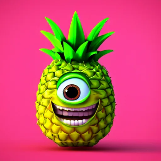 Image similar to cute anthropomorphic happy pineapple monster with big teeth and big eyes detailed character concept 3 d pixar style render 4 k