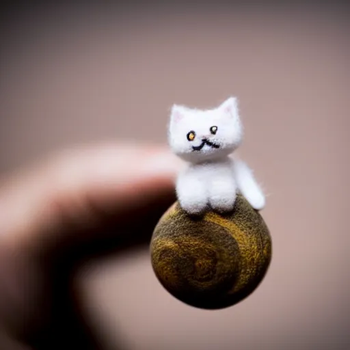 Prompt: tiny, microscopic toy cat, sitting on man's fingertip, macro, bokeh, open hand