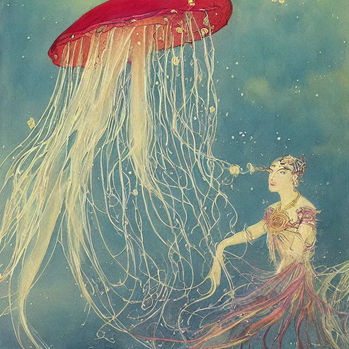 Image similar to a beautiful painting of the jellyfish empress by warwick goble