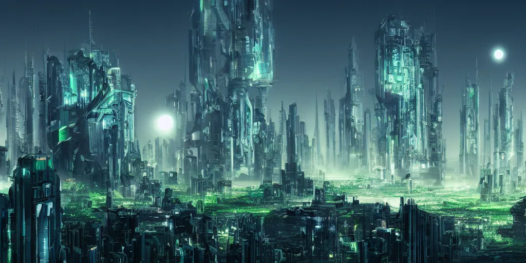 Prompt: human futuristic city, highly detailed, epic, si - fi, green, two moon on the sky, 8 k, sharp focus,