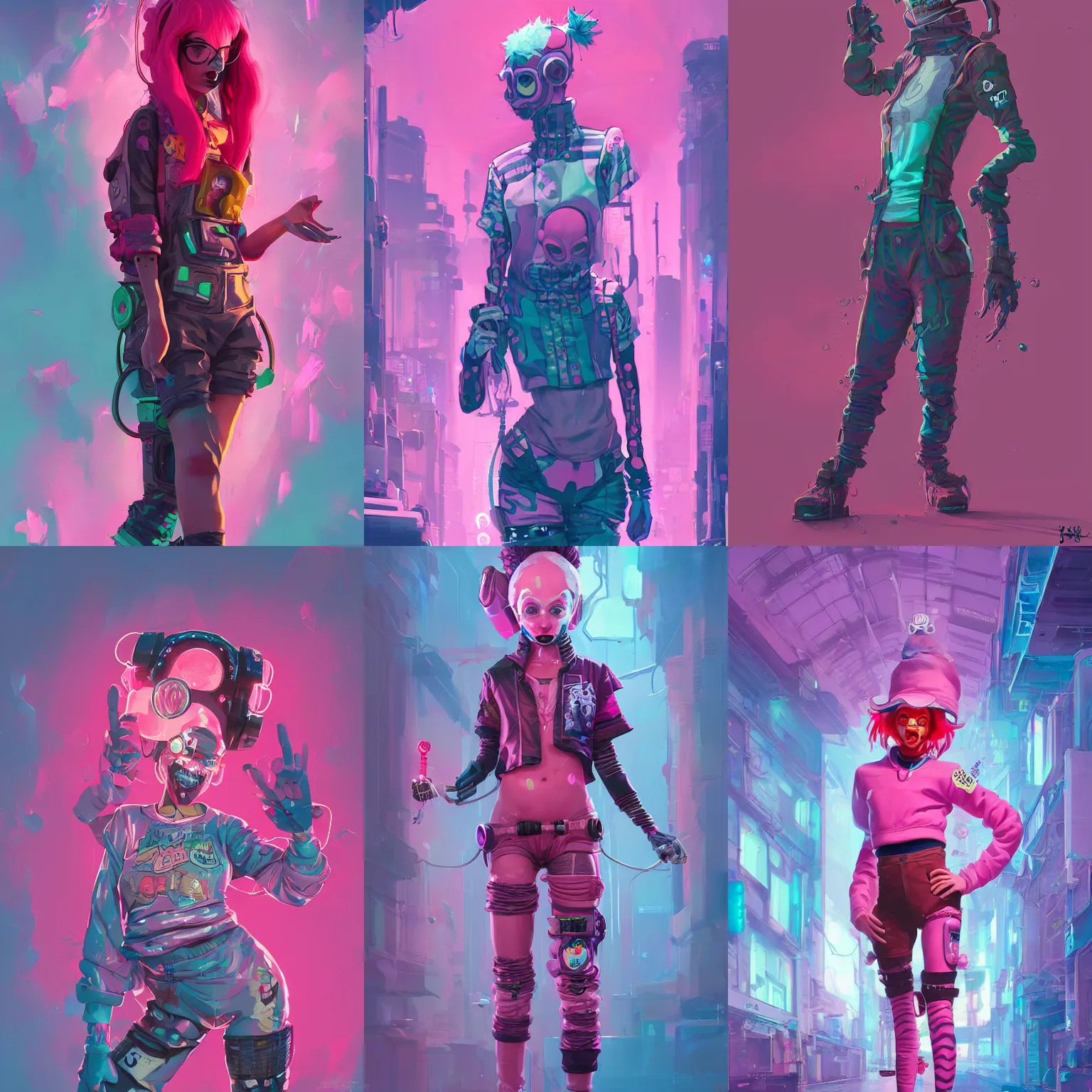 Image similar to wide view cyberpunk clown girl made of pink slime, cartoon, wearing cyberpunk intricate streetwear, transparent, behance hd artstation by jesper ejsing by rhads, makoto shinkai and lois van baarle, ilya kuvshinov, ossdraws, cinematic lighting, sharp focus