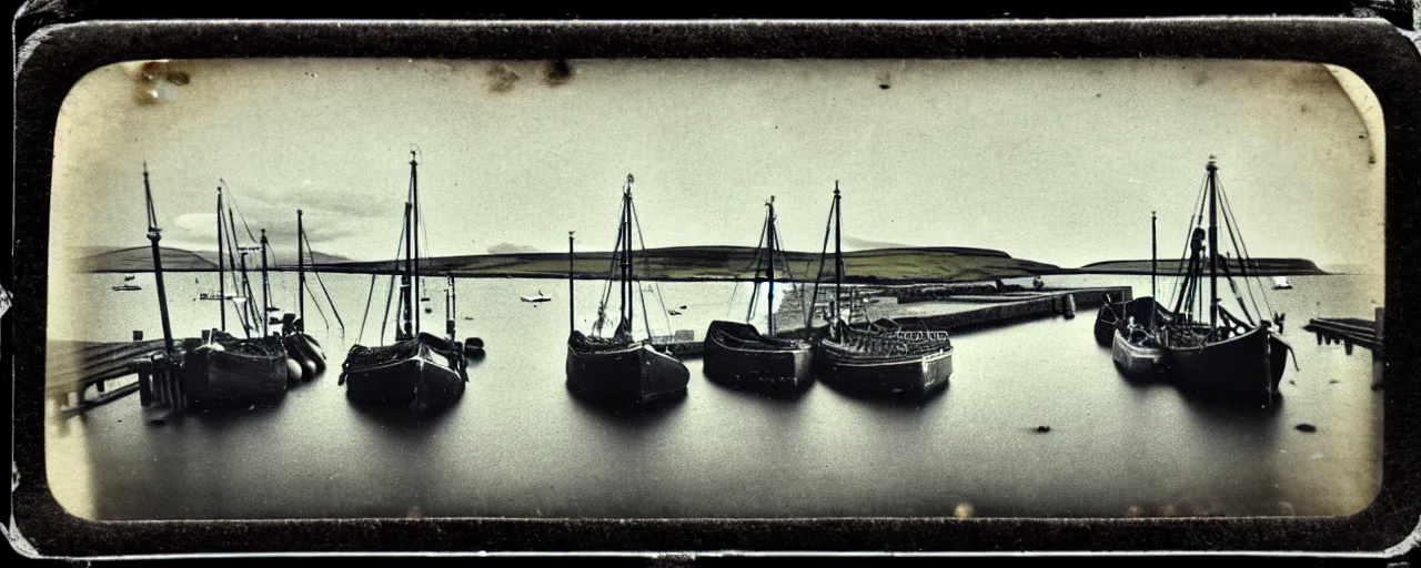 Image similar to a tintype photograph of the harbour at Stromness orkney