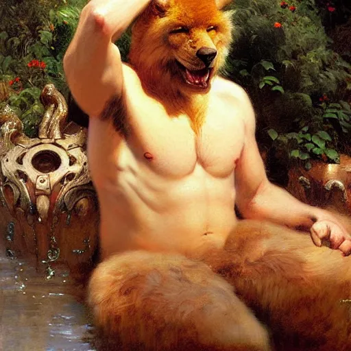 Image similar to a portrait of an very furry human with an anima's head in the pool, furry body, furry arms, furry legs, furry tail. highly detailed painting by gaston bussiere, craig mullins, j. c. leyendecker, furry