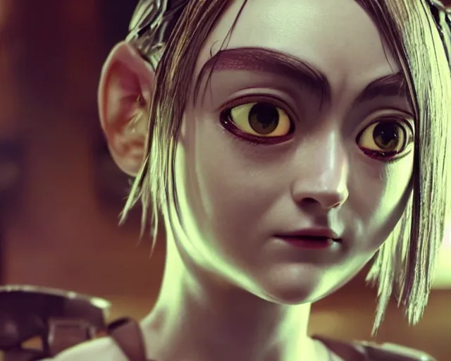 Image similar to film still of dakota fanning as battle angel alita, beautiful portrait, watery doe eyes, mouth agape, photorealistic, lifelike, human actress, octane engine, cinematic lighting, high detail, high resolution