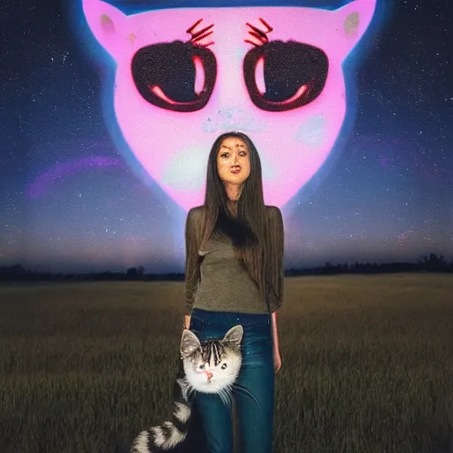 Image similar to a woman with long dark hair holding a cat in her arm standing on steps in a field at night, a hologram by kusama, instagram, optical illusion, full body, ultra hd, neon, pexels contest winner, high quality photo, rtx, hd, shiny eyes, a renaissance painting by sailor moon, anime, anime aesthetic