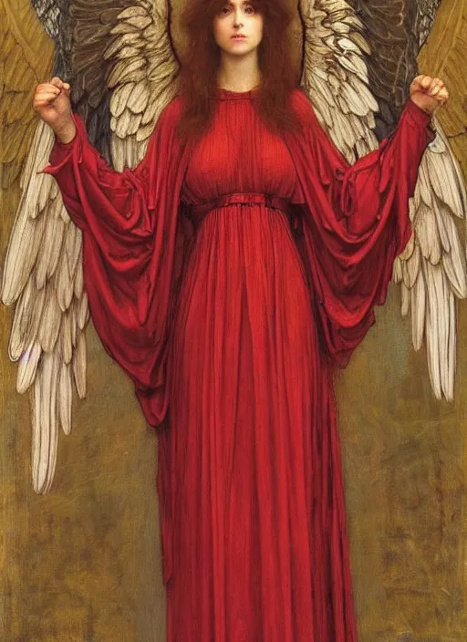 Image similar to portrait of beautiful female archangel in red robes, pre - raphaelite painting by john william waterhouse, trending on art station. highly detailed, symmetrical face.