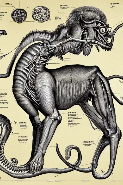 Image similar to anatomical encyclopedia illustration of a chimera, photorealistic, diagram, intricate details