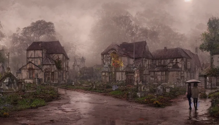 Prompt: A highly detailed matte painting of abandoned english village, rusty, rainy day, muddy road, old cemetery, by Studio Ghibli, Makoto Shinkai, by Artgerm, by WLOP, by Greg Rutkowski, volumetric lighting, octane render, 4K resolution, trending on artstation, masterpiece