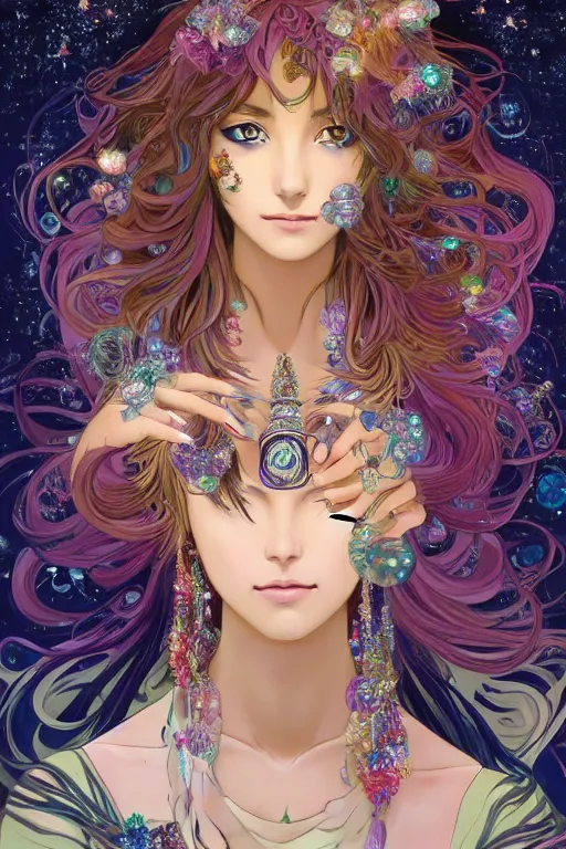 Image similar to psychedelic, intricate, highly detailed, anime, 4k, beautiful seductive woman holding a crystal containing the universe, with professional makeup, long trippy hair, surrounded by gems, underneath the stars, trending on patreon, deviantart, twitter, artstation, volumetric lighting, heavy contrast, by artgerm and Ilya Kuvshinov and alphonse mucha