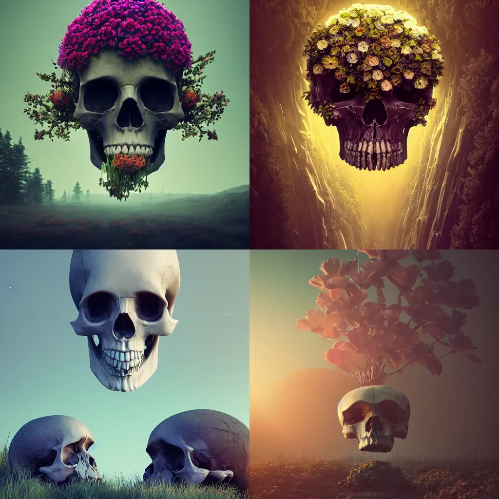 Image similar to beautiful dark landscape, giant skull with beautiful flowers growing in the style of beeple and Mike Winkelmann, intricate, epic lighting, cinimatic composition, hyperrealistic, 8k resolution,