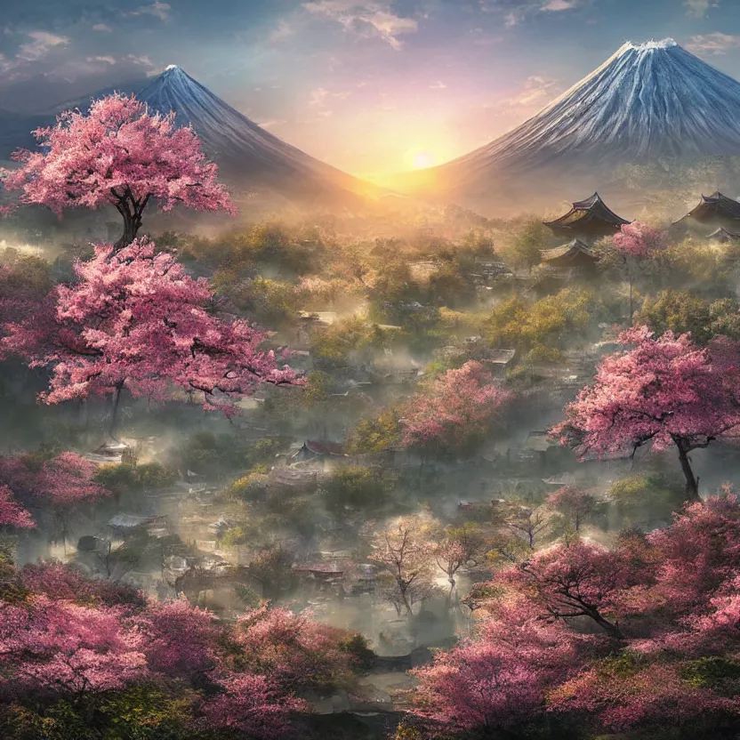 Image similar to old empty samurai city surrounded by sakura trees, beautiful valley and mountains with forest, sunrise on fuji, hyperrealism, matte painting, digital art, artistation