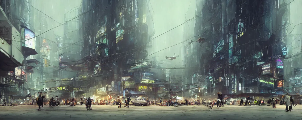 Image similar to close up ground level view of a futuristic bladerunner building and sidewalk busy with activity with of signages and billboards street venders and carts aliens and people with a floating cars on the streets by craig mullins, neil blevins, dylan cole, james paick, hyper realistic, night, environment fog, cinematic lighting, 8 k, vray render, artstation, deviantart,