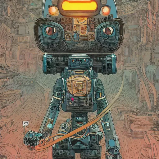 Image similar to a cat with a robot llustrated by laurie greasley, dan mumford, peter mohrbacher, hyper detailed, trending on cg society, crisp