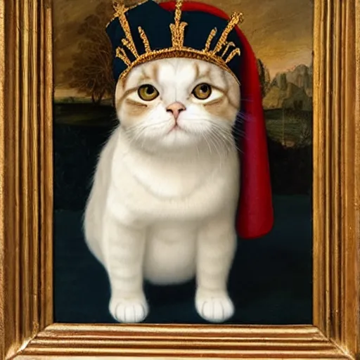 Prompt: a renaissance style portrait painting of a scottish fold cat, wearing a crown and cape, dark background