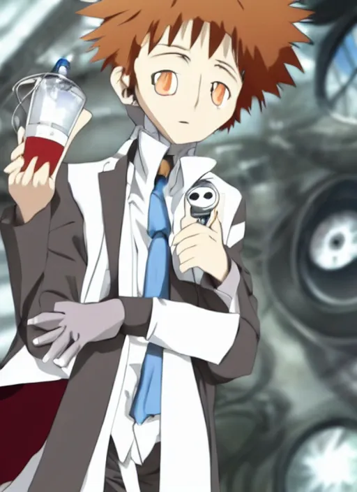 Image similar to Anthropomorphic cat as a main character of Steins;gate anime, mad scientist, Dr.pepper