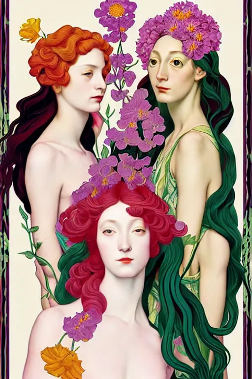 Image similar to 3 Spring Muses symbolically representing March, April, and May, in a style blending Æon Flux, Peter Chung, Shepard Fairey, Botticelli, Ivan Bolivian, and John Singer Sargent, inspired by pre-raphaelite paintings, shoujo manga, and cool Japanese street fashion, dramatically blossoming flora and fauna, petals falling everywhere, pastel vivid triad colors, hyper detailed, super fine inking lines, ethereal and otherworldly, 4K extremely photorealistic, Arnold render