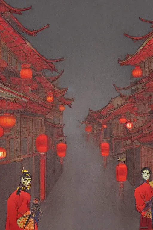 Image similar to on the night of the chinese new year's day, many chinese ghosts wander in the ancient chinese streets. the guiding line composition method, the tindal effect, the soft light, the cool color, by wu jinyuan, trending on artstation