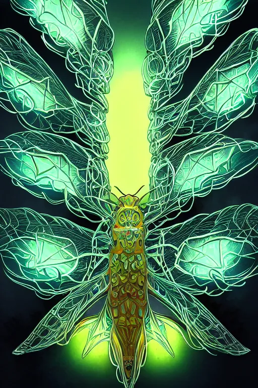 Image similar to moth monster, glowing, symmetrical, highly detailed, digital art, sharp focus, trending on art station, anime art style