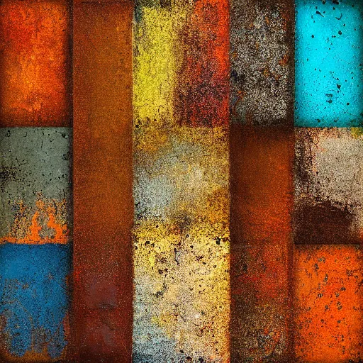 Prompt: large squares of different colors, rust texture, detailed