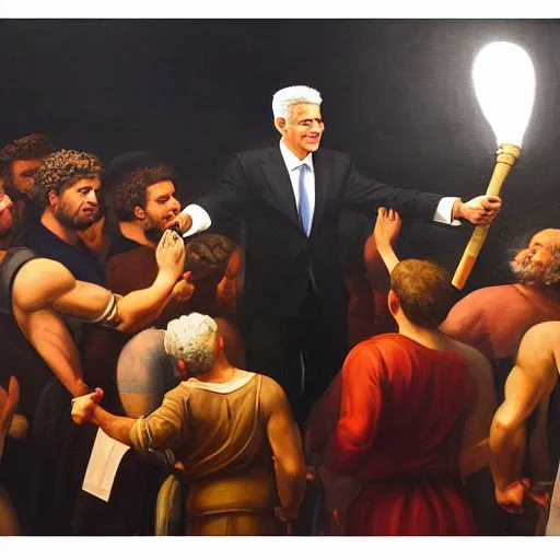 Image similar to a painting of Yair Lapid holding a torch and leading a crowd of people in the style of Michaelangelo